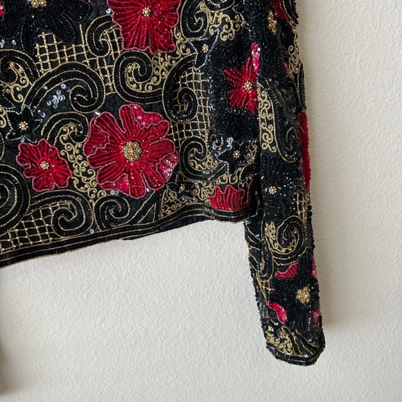 Black Beaded Jacket Long Sleeve Red Gold Embroidery Sequin Vintage Size Medium - Picture 10 of 15